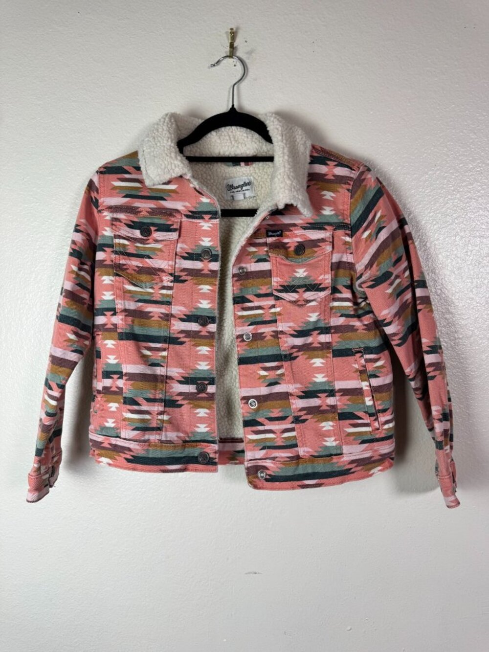 Wrangler Kids Aztec Sherpa Lined Denim Jacket Size Large Western Southwestern